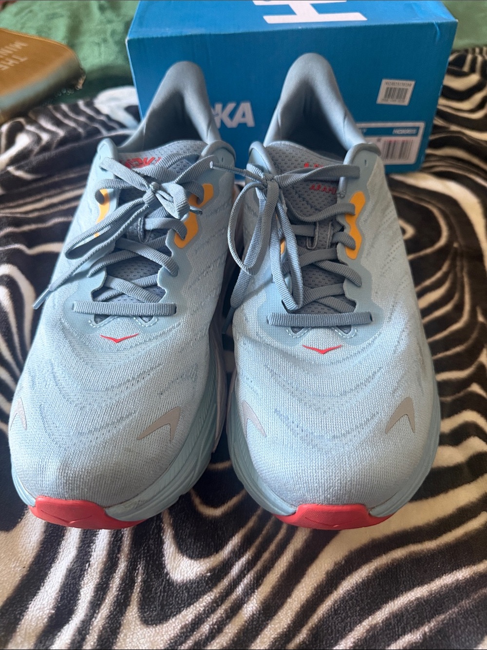 Hoka Powder Blue Running Sneakers with Coral and Yellow Accents